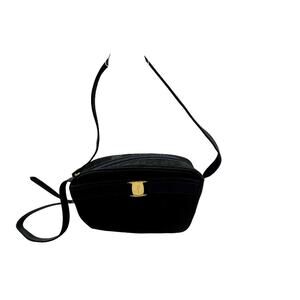 SALVATOR FERRAGAMO Black Ribbon Vara Bow Suede Crossbody Bag Navy Gancini | COA